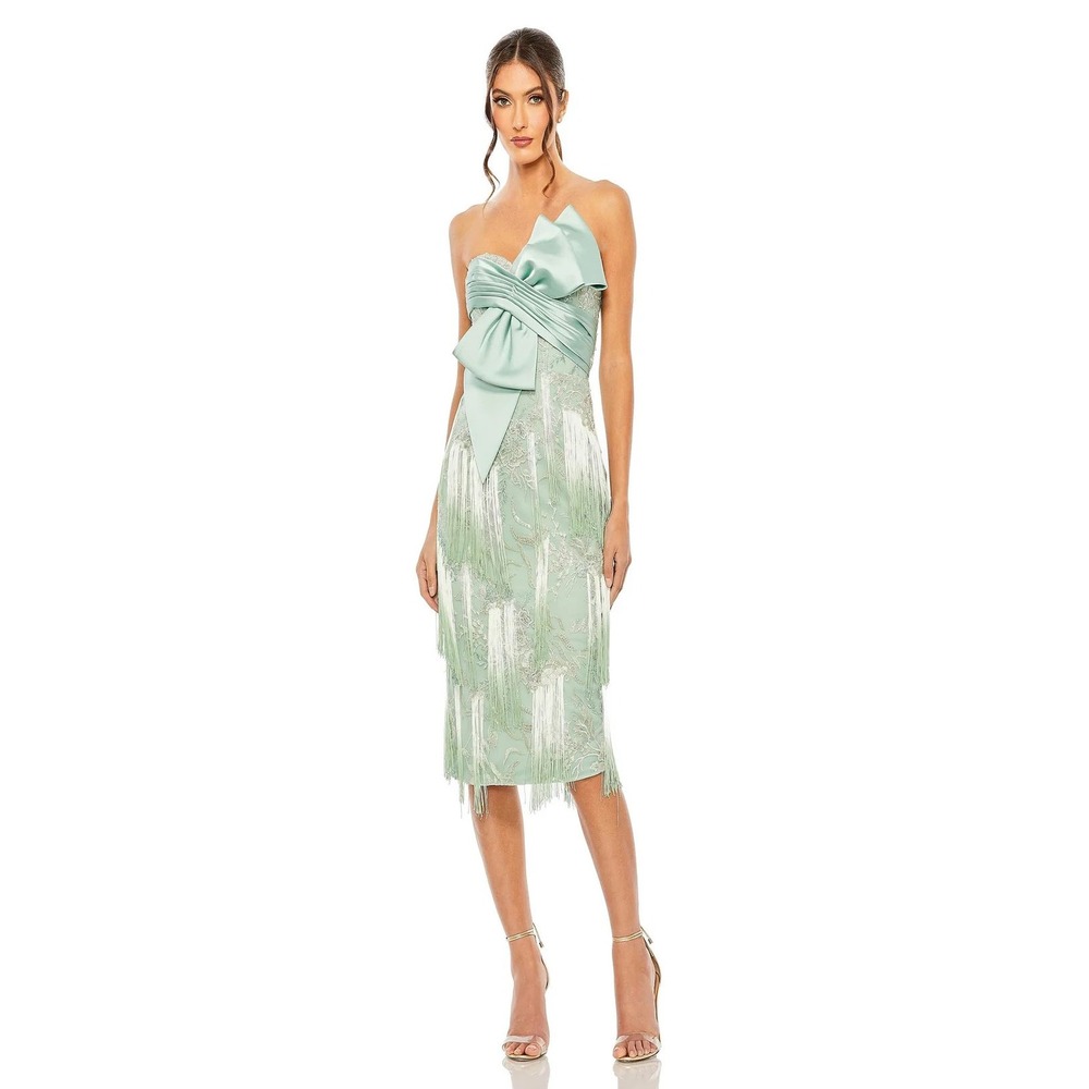 Mac Duggal 20593 Sage Green Strapless Embroidered Fringe Midi Dress Bow Bodice